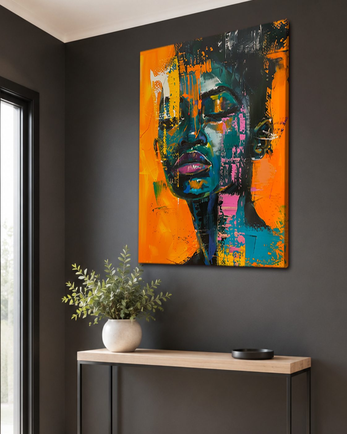 Abstract African Woman Portrait Orange Teal canvas wall art, unframed canvas