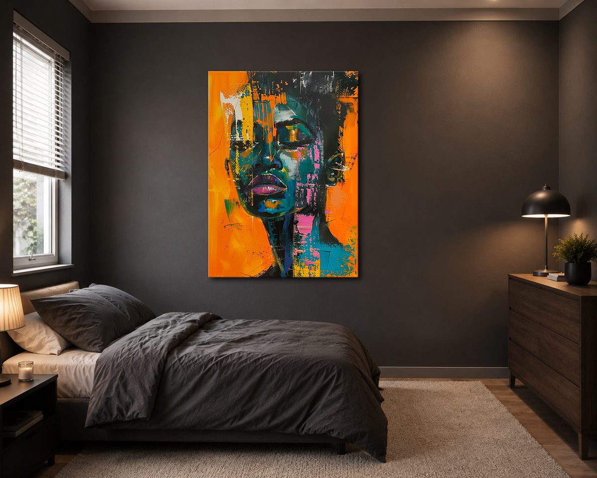 Abstract African Woman Portrait Orange Teal canvas wall art, unframed canvas