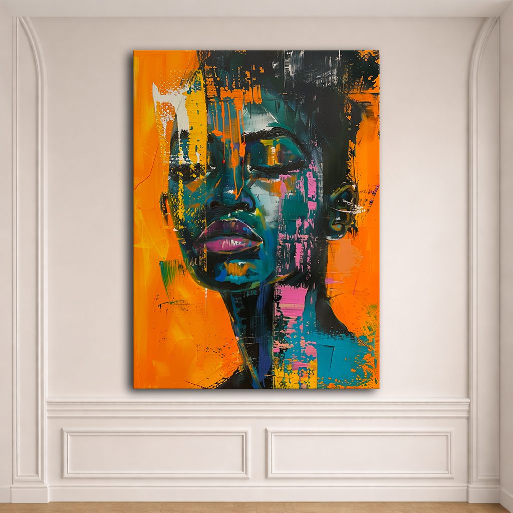 Abstract African Woman Portrait Orange Teal canvas wall art, unframed canvas