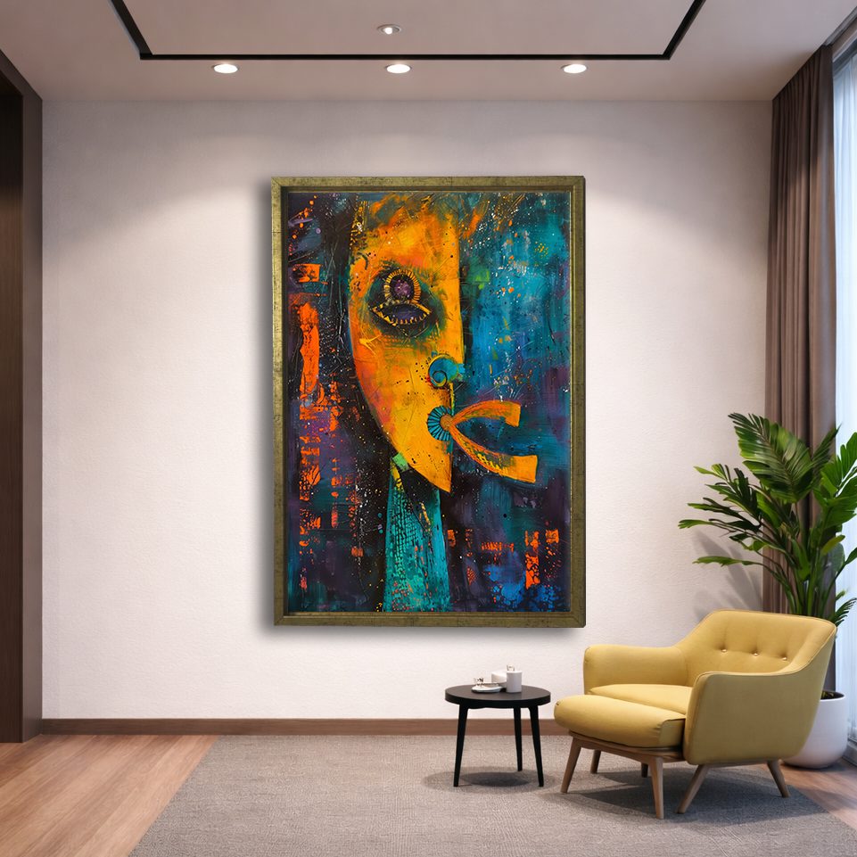Abstract Face Mixed Media canvas wall art, gold floating frame
