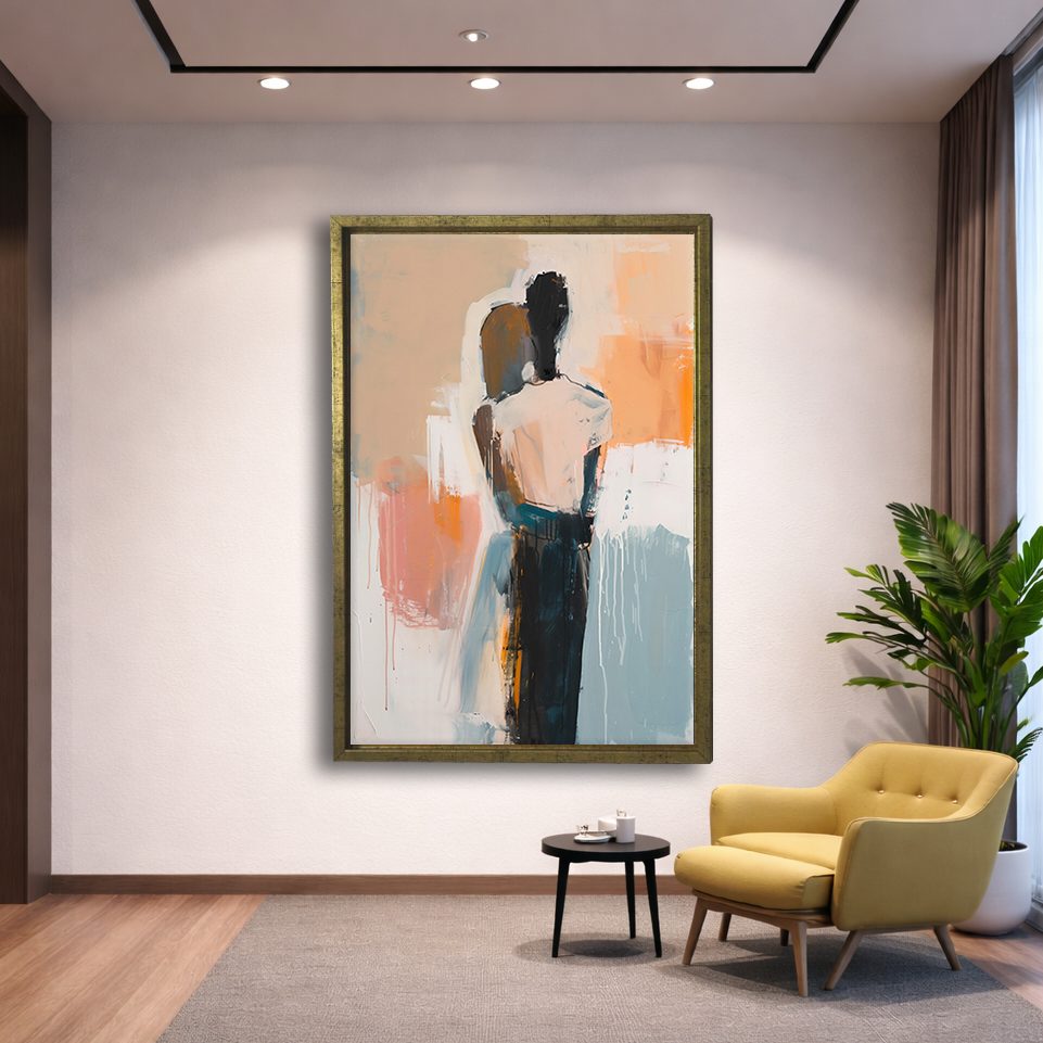 Abstract Figure in Neutral Tones canvas wall art, gold floating frame
