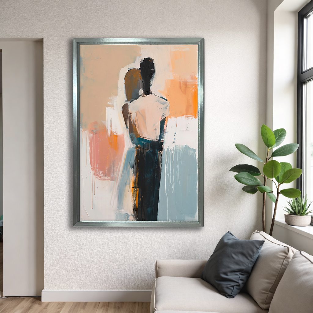 Abstract Figure in Neutral Tones canvas wall art, silver floating frame