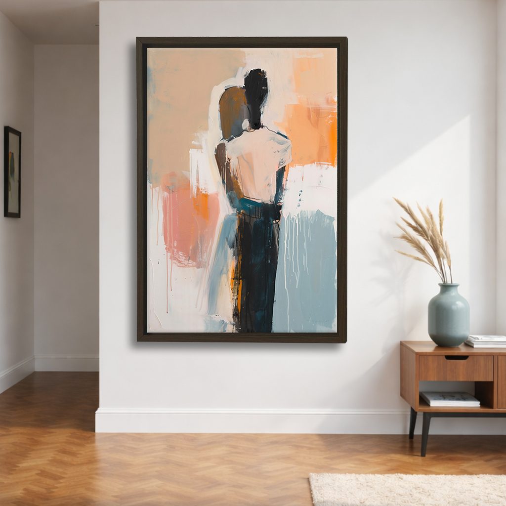 Abstract Figure in Neutral Tones canvas wall art, walnut floating frame