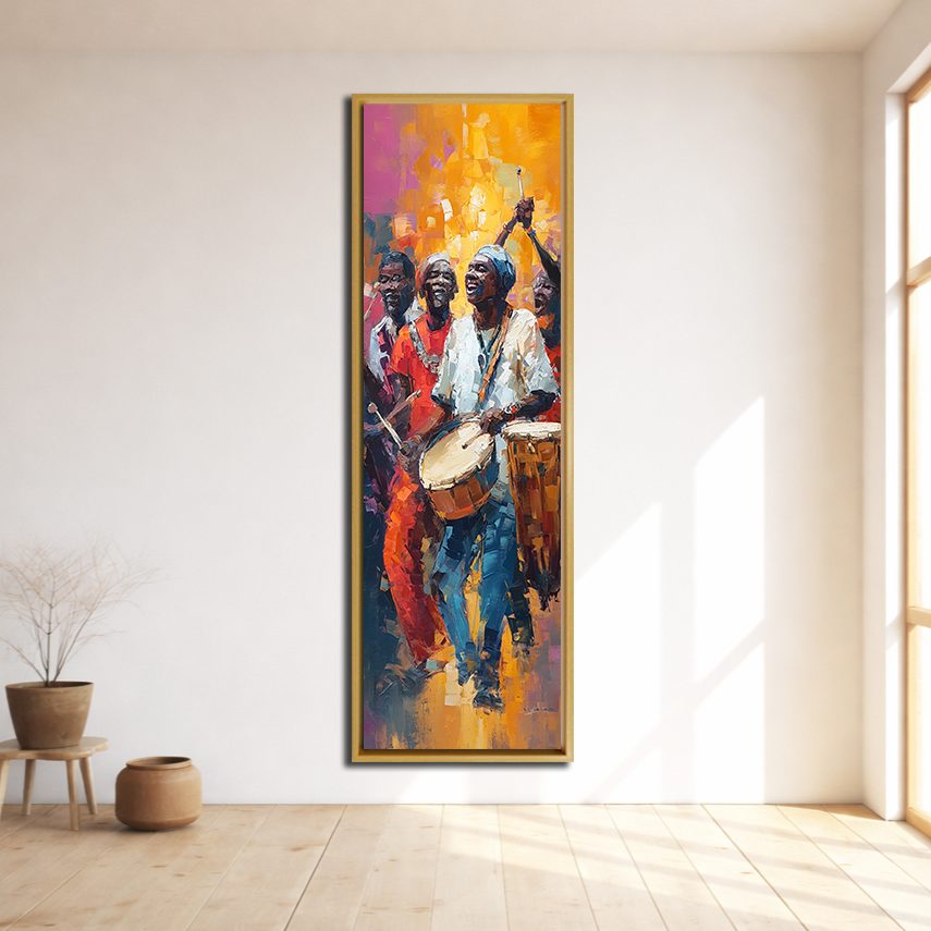 African Drummers Celebration canvas wall art, natural wood floating frame