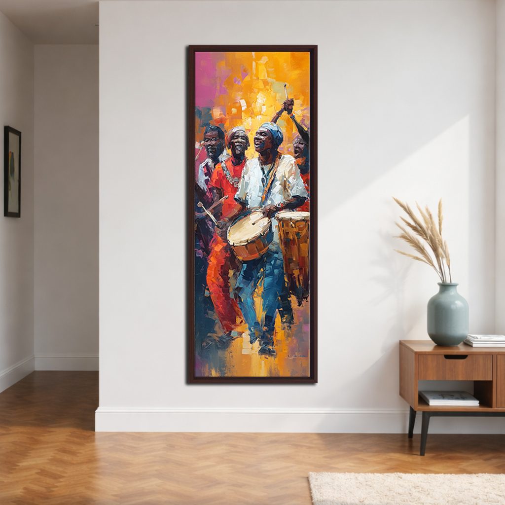 African Drummers Celebration canvas wall art, walnut floating frame