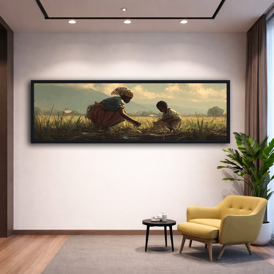African Mother and Child in Field canvas wall art, black floating frame