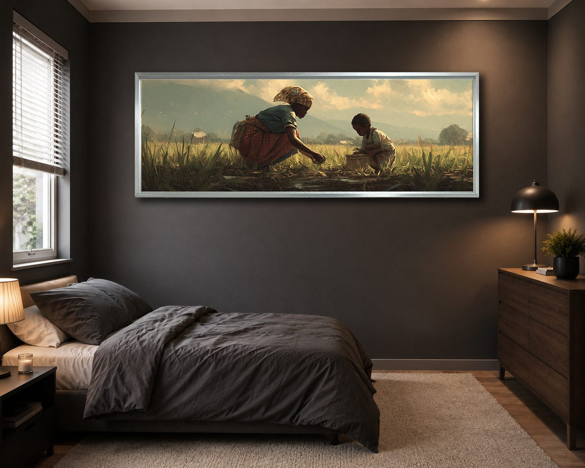 African Mother and Child in Field canvas wall art, silver floating frame