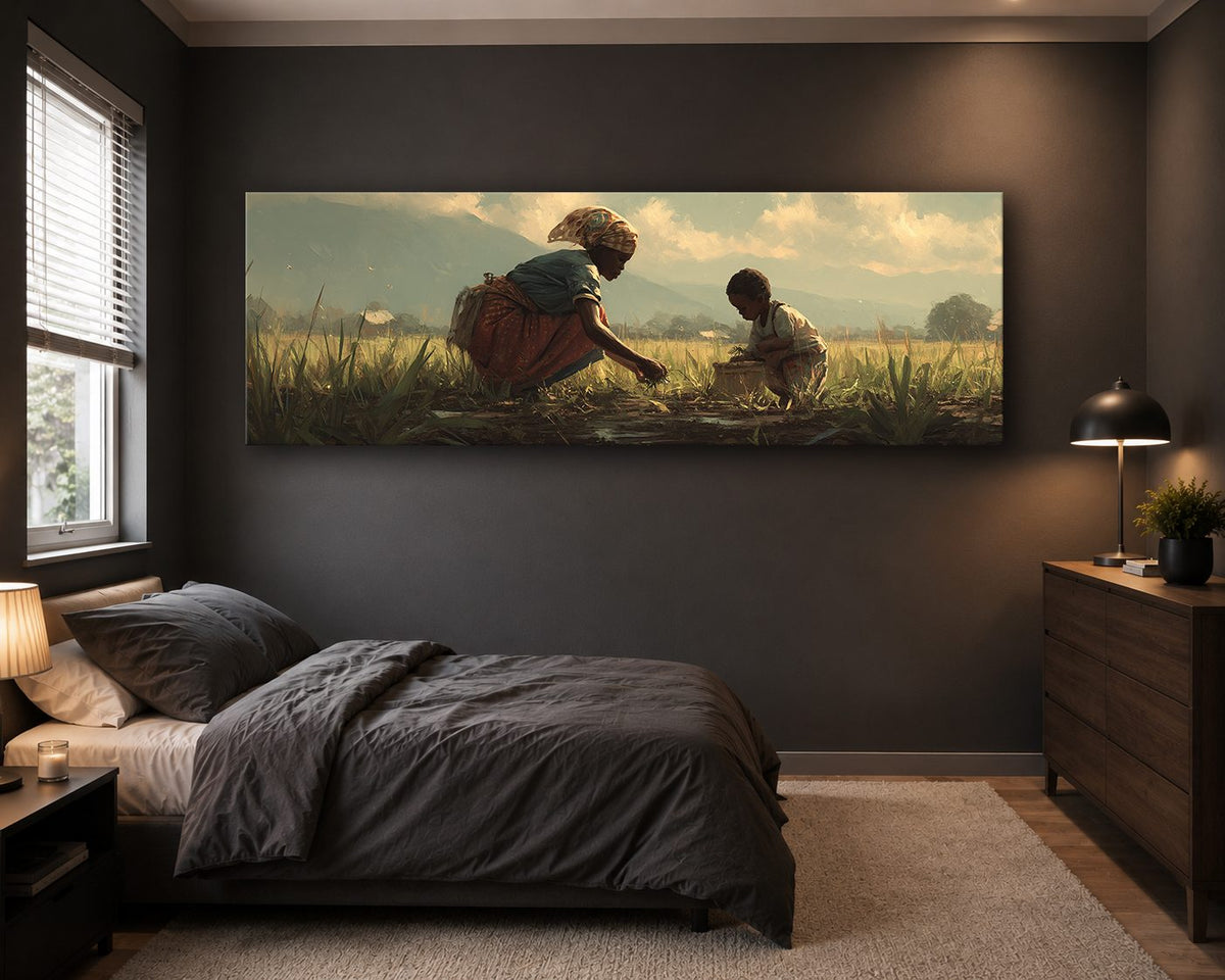 African Mother and Child in Field canvas wall art, unframed canvas
