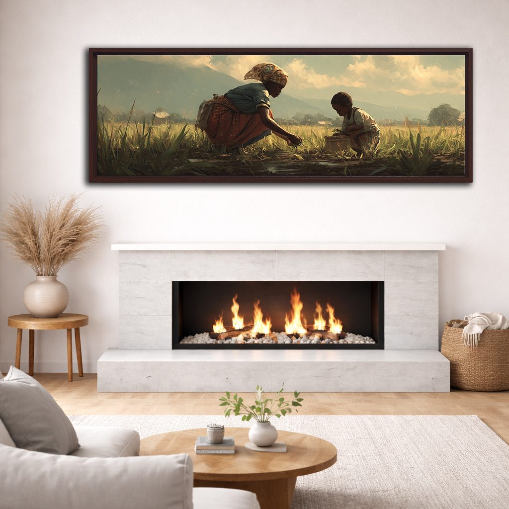 African Mother and Child in Field canvas wall art, walnut floating frame