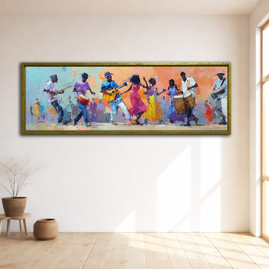 African Musicians and Dancers canvas wall art, gold floating frame
