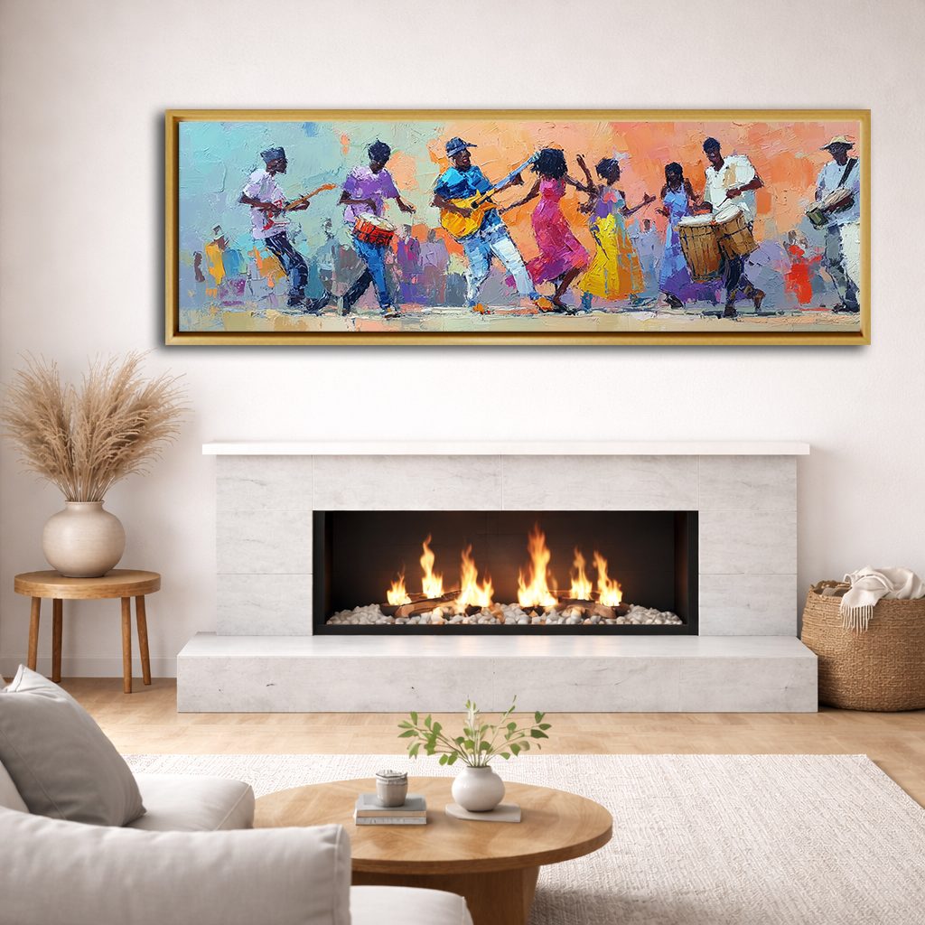 African Musicians and Dancers canvas wall art, natural wood floating frame