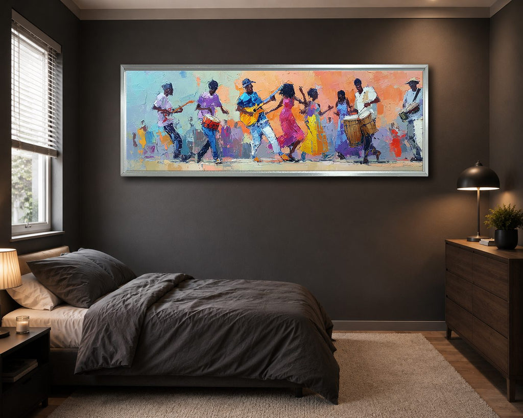 African Musicians and Dancers canvas wall art, silver floating frame