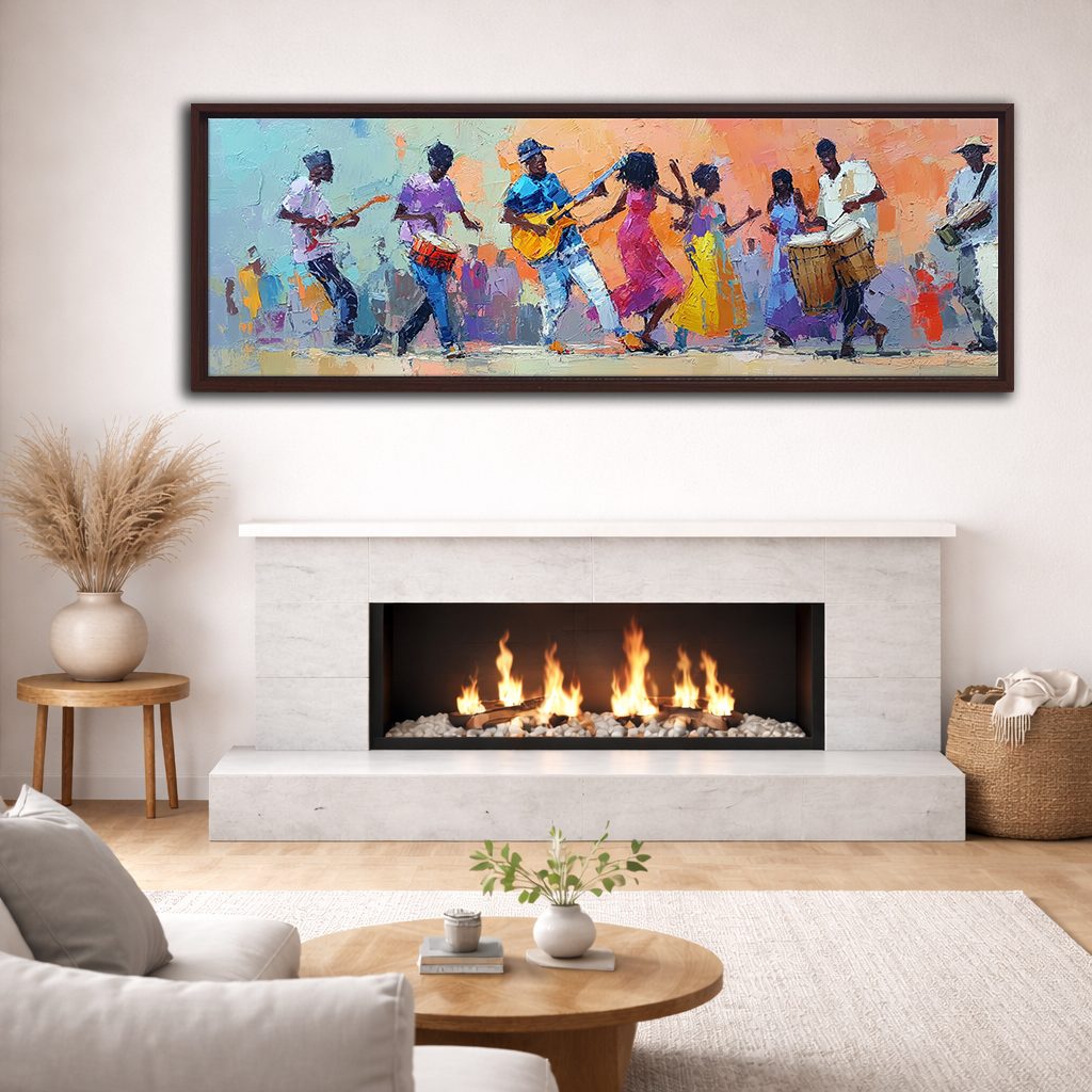 African Musicians and Dancers canvas wall art, walnut floating frame