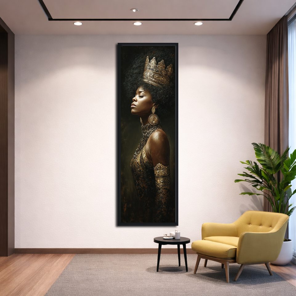 African Queen with Golden Crown canvas wall art, black floating frame