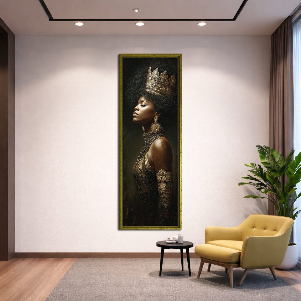 African Queen with Golden Crown canvas wall art, gold floating frame