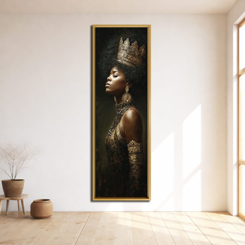 African Queen with Golden Crown canvas wall art, natural wood floating frame