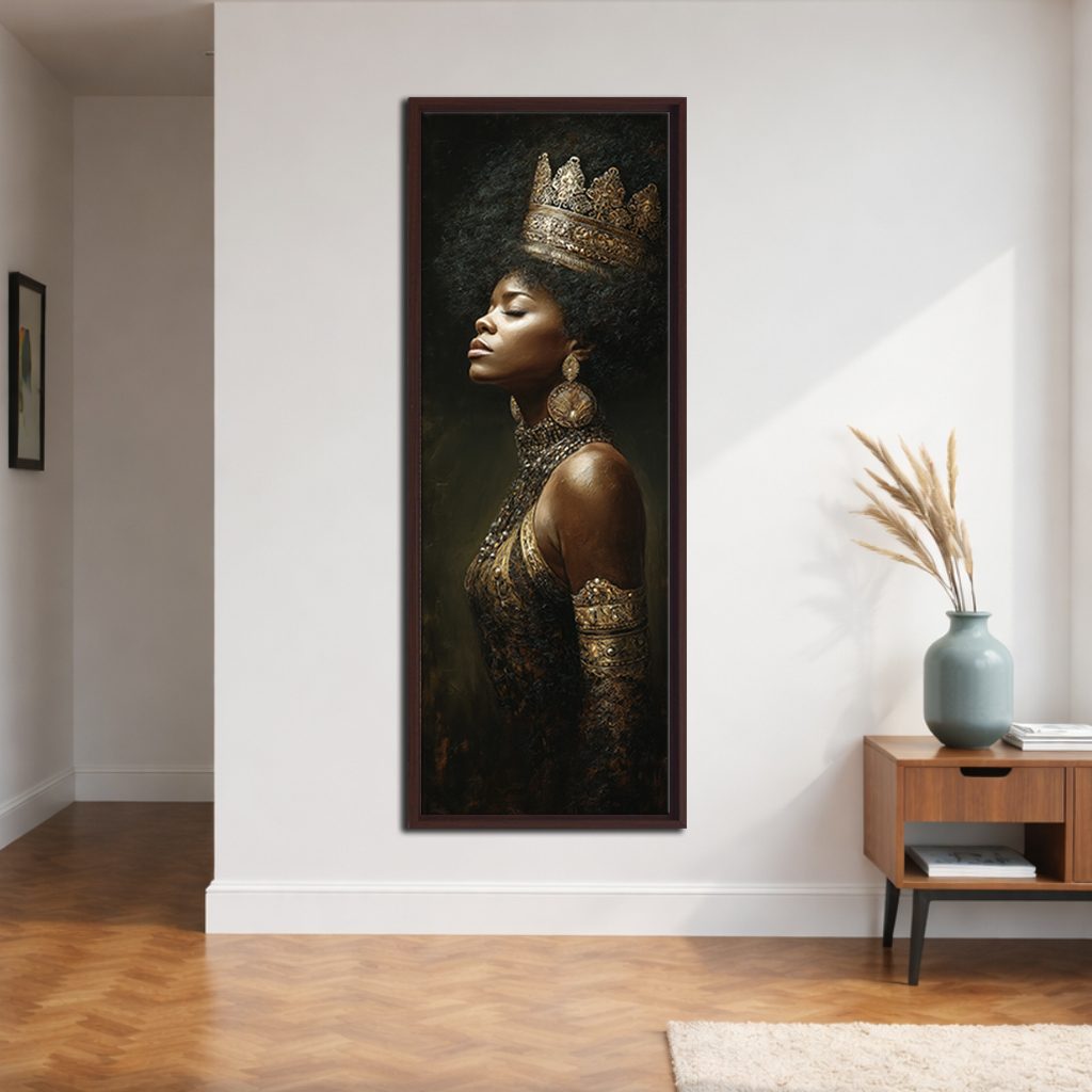 African Queen with Golden Crown canvas wall art, walnut floating frame