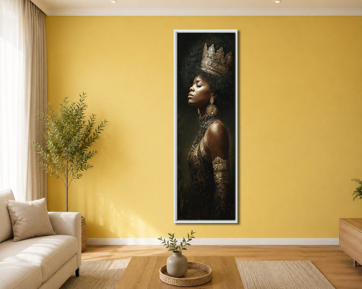 African Queen with Golden Crown canvas wall art, white floating frame