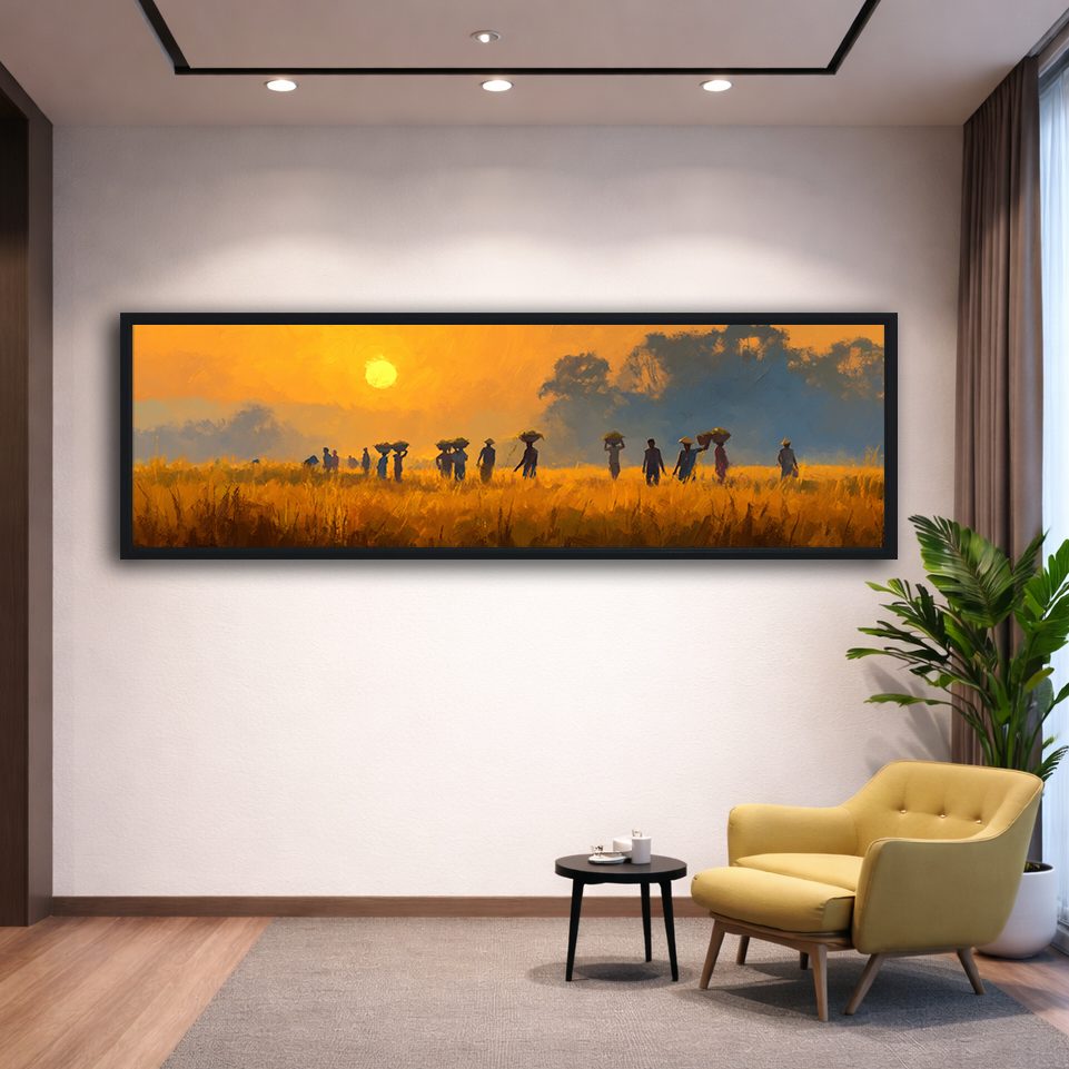 African Savanna Sunset Villagers canvas wall art, black floating frame
