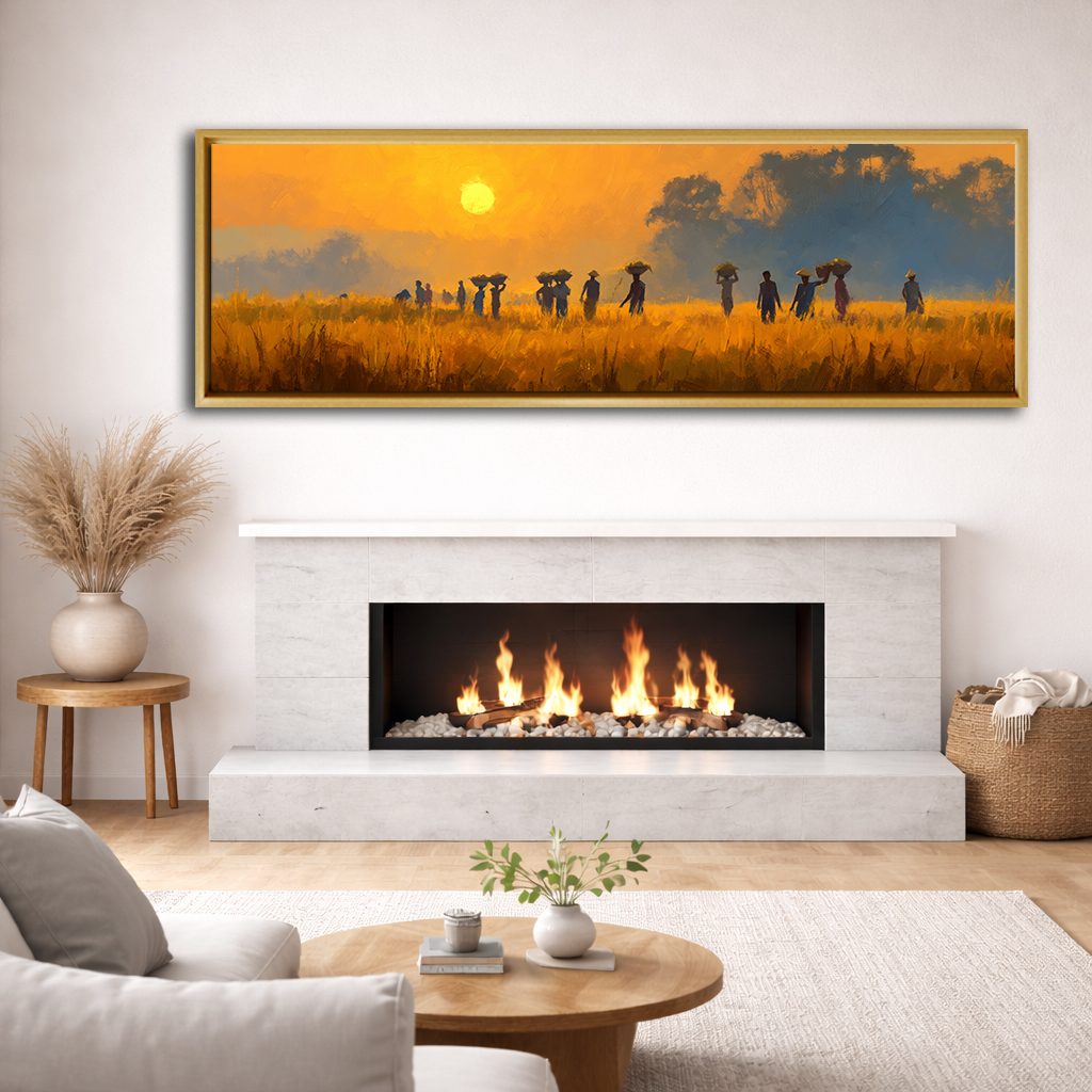 African Savanna Sunset Villagers canvas wall art, natural wood floating frame