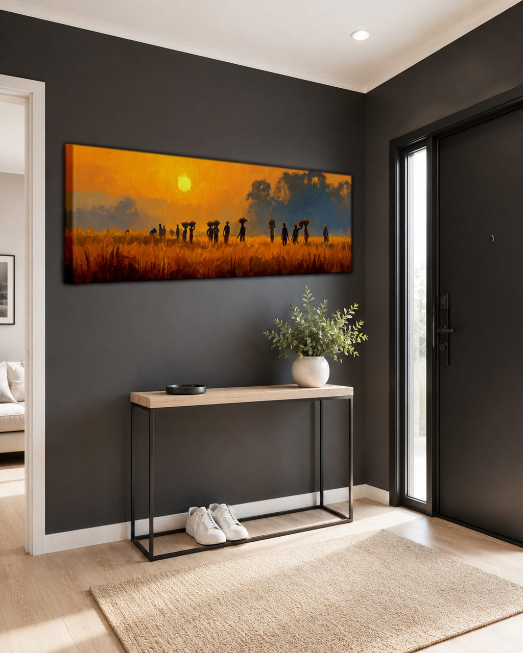 African Savanna Sunset Villagers canvas wall art, unframed canvas