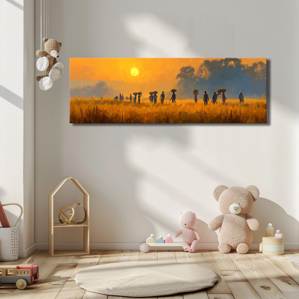 African Savanna Sunset Villagers canvas wall art, unframed canvas