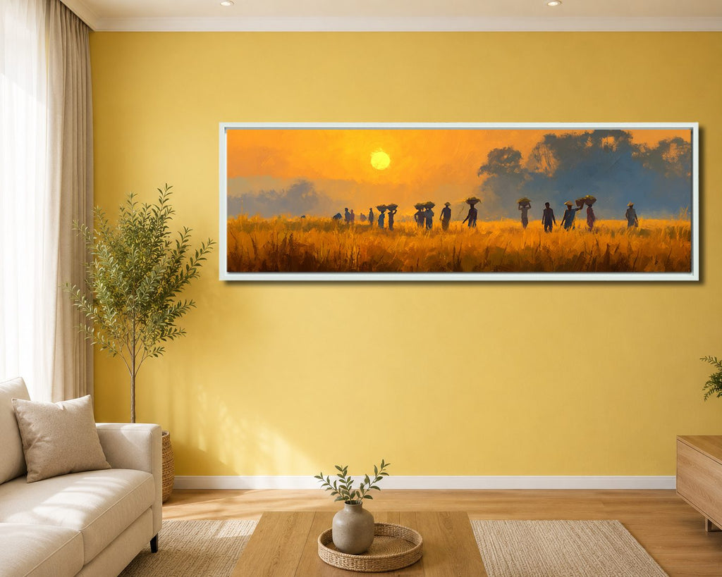 African Savanna Sunset Villagers canvas wall art, white floating frame