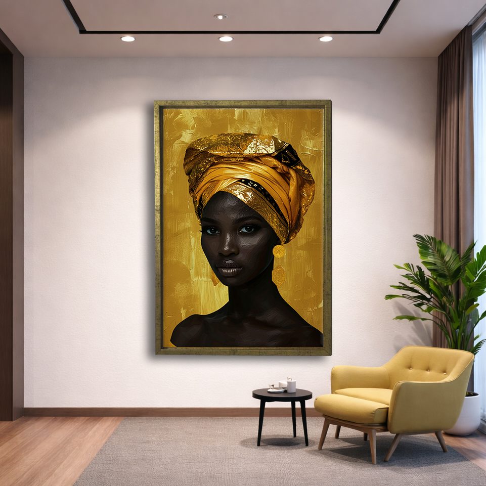 African Woman in Gold Head Wrap canvas wall art, gold floating frame