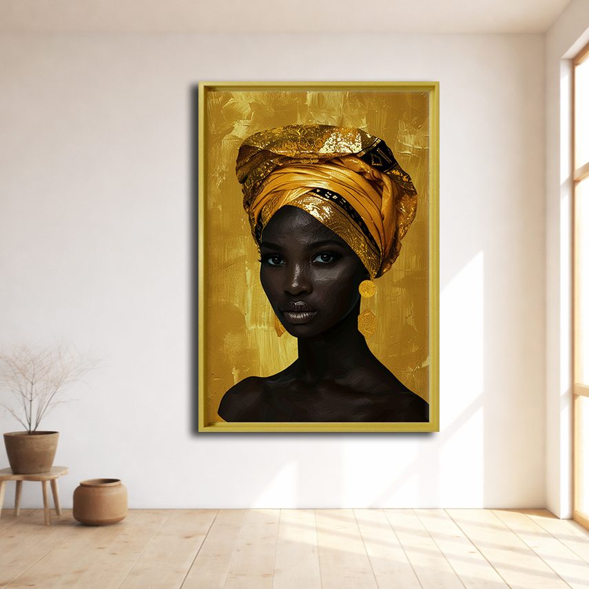 African Woman in Gold Head Wrap canvas wall art, natural wood floating frame