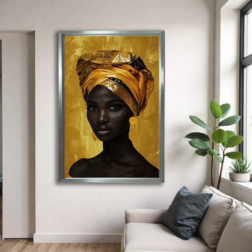 African Woman in Gold Head Wrap canvas wall art, silver floating frame