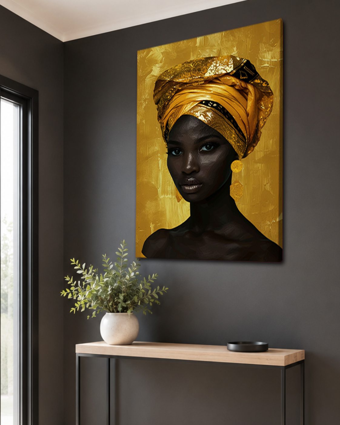 African Woman in Gold Head Wrap canvas wall art, unframed canvas