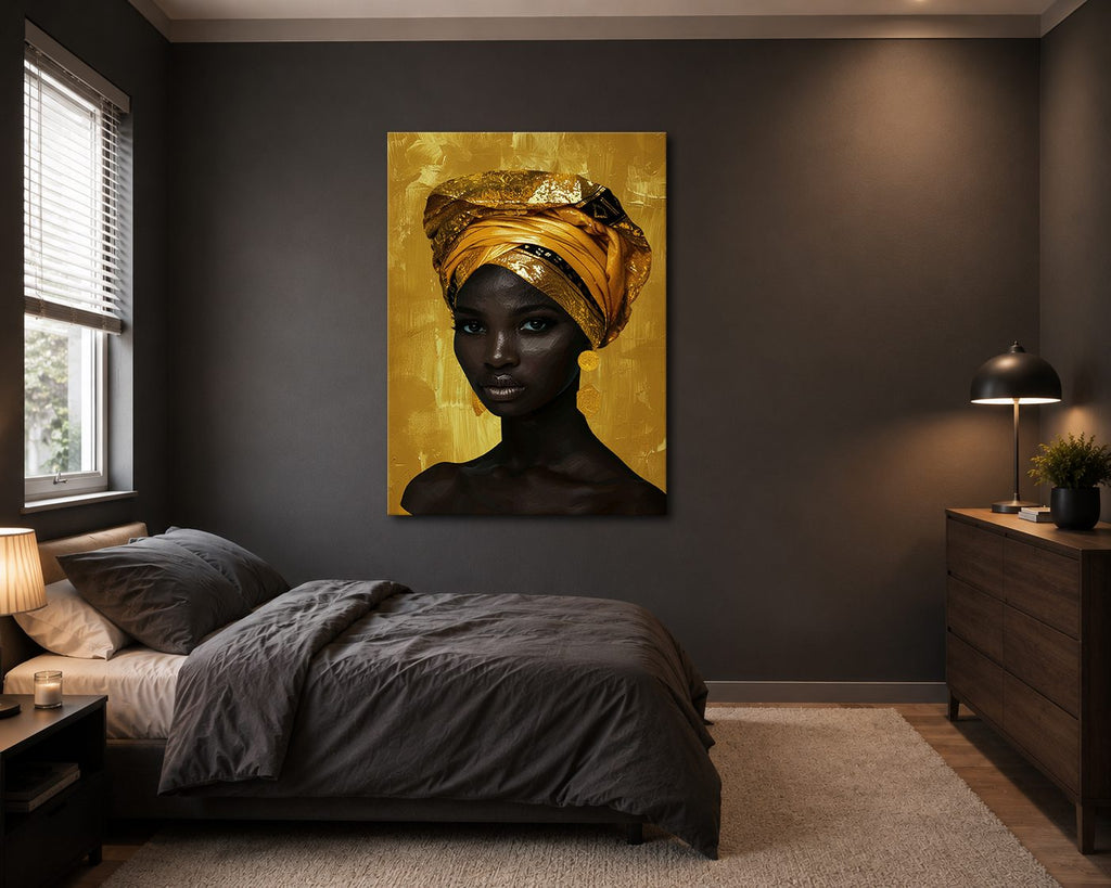 African Woman in Gold Head Wrap canvas wall art, unframed canvas