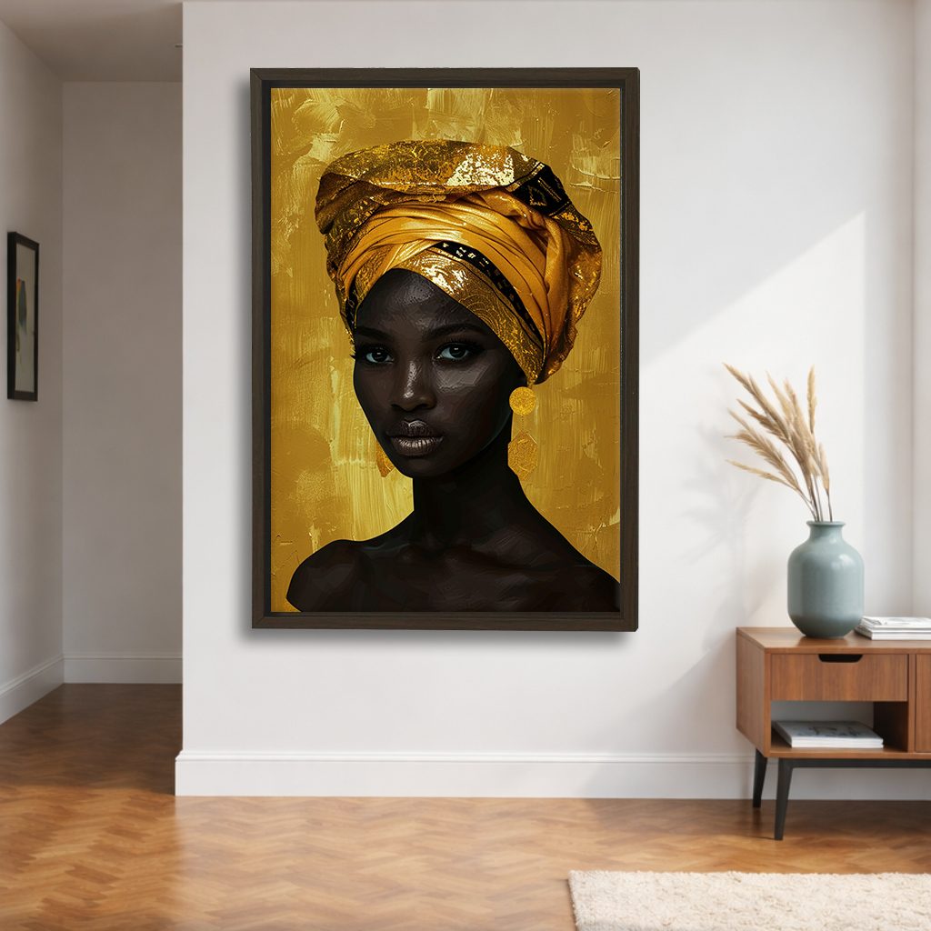 African Woman in Gold Head Wrap canvas wall art, walnut floating frame