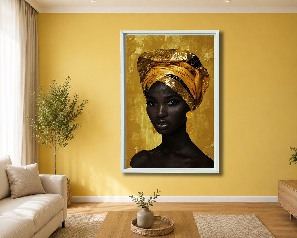 African Woman in Gold Head Wrap canvas wall art, white floating frame