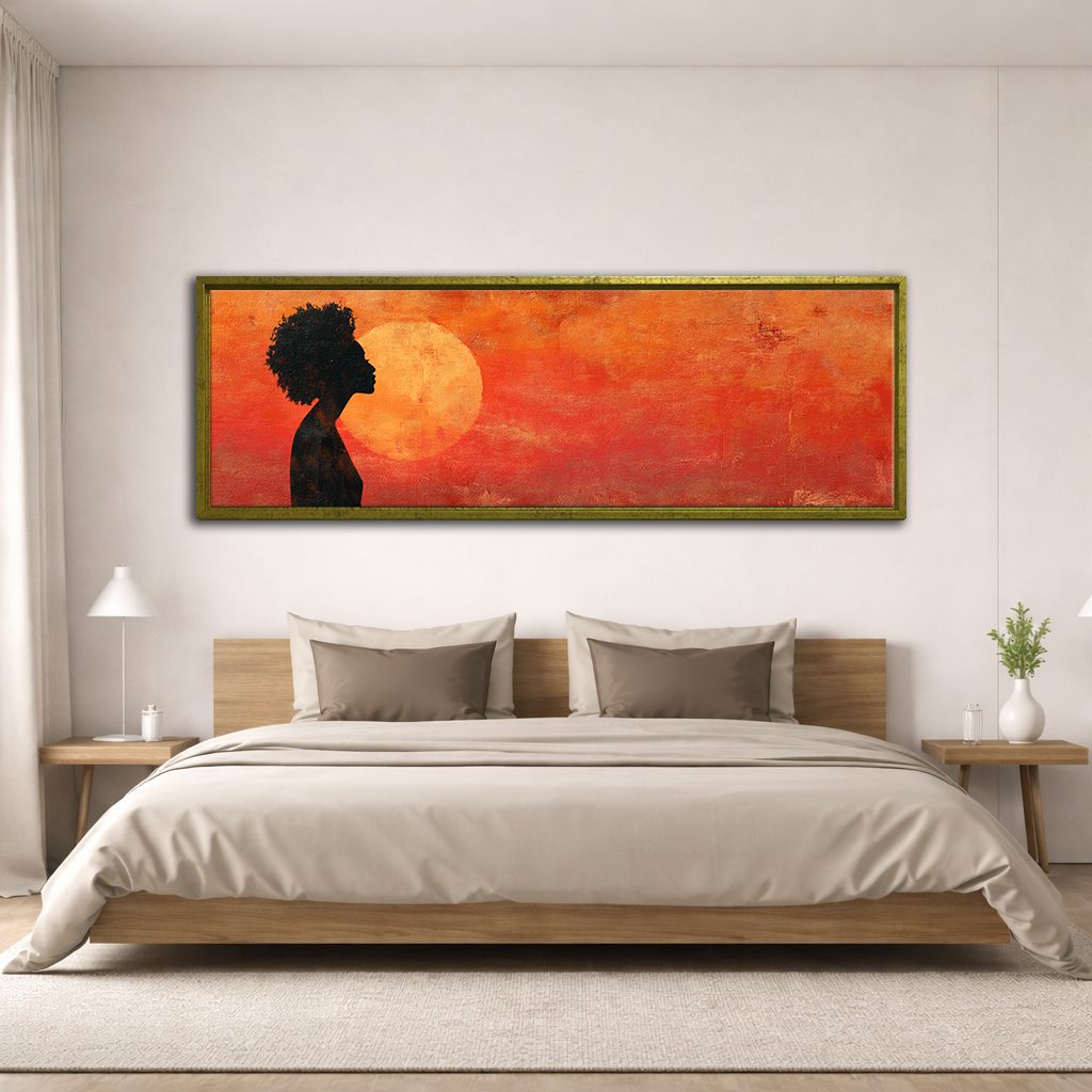 African Woman Silhouette Red Sun canvas wall art, antique gold floating frame