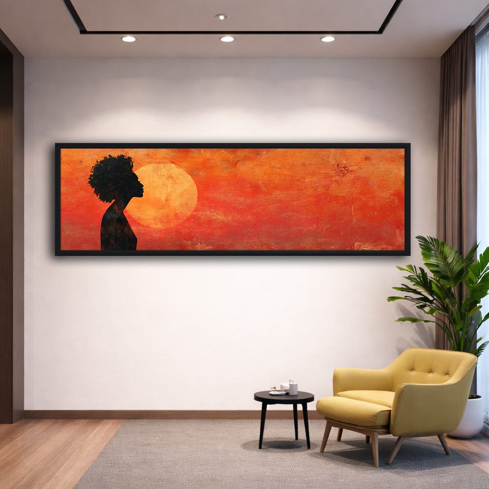 African Woman Silhouette Red Sun canvas wall art, black floating frame