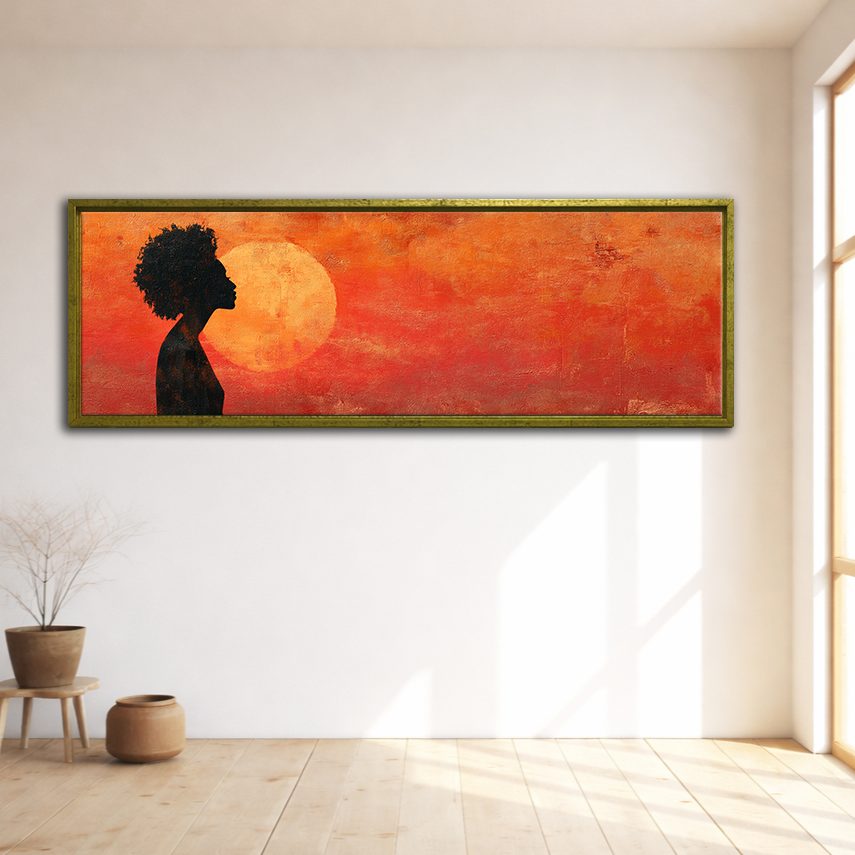 African Woman Silhouette Red Sun canvas wall art, gold floating frame