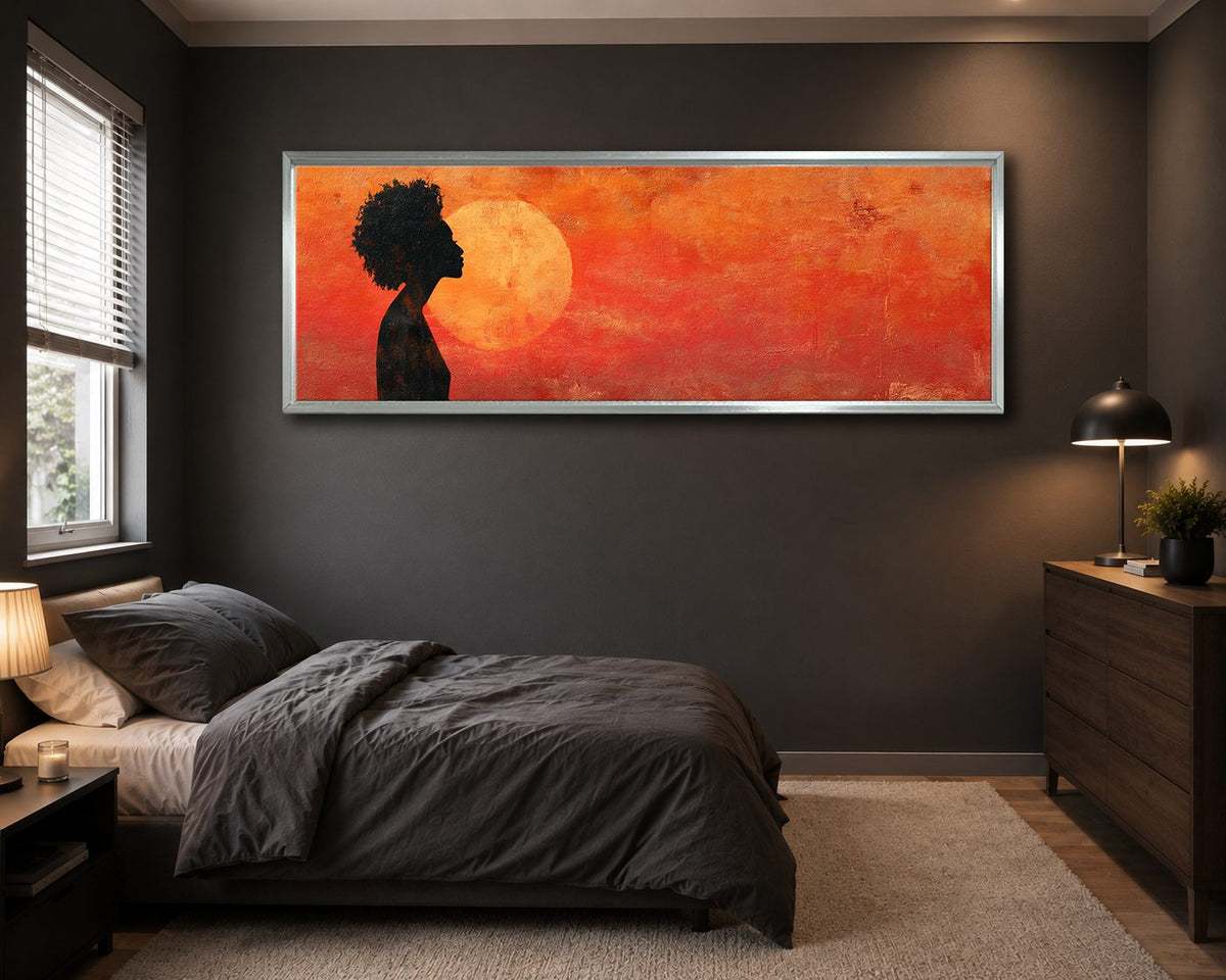 African Woman Silhouette Red Sun canvas wall art, silver floating frame