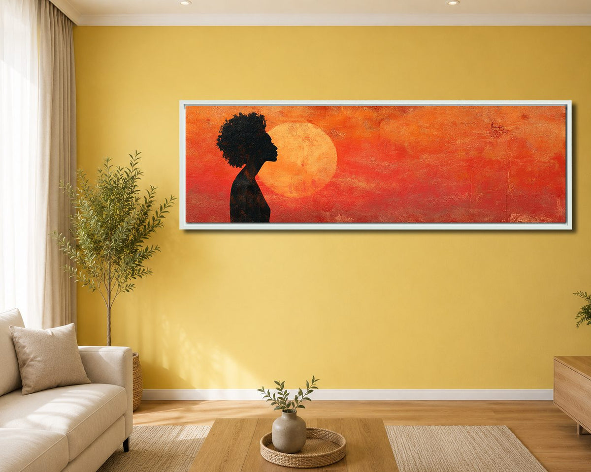 African Woman Silhouette Red Sun canvas wall art, white floating frame