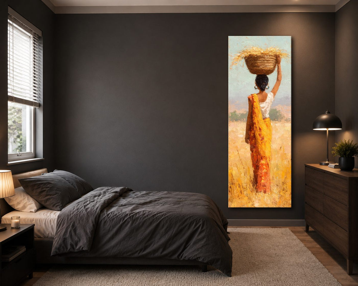 African Woman with Basket in Golden Field canvas wall art, unframed canvas