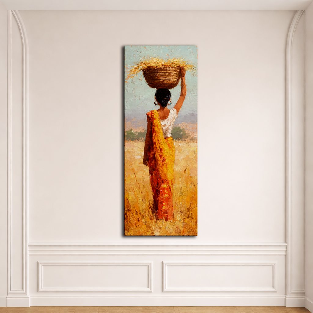 African Woman with Basket in Golden Field canvas wall art, unframed canvas