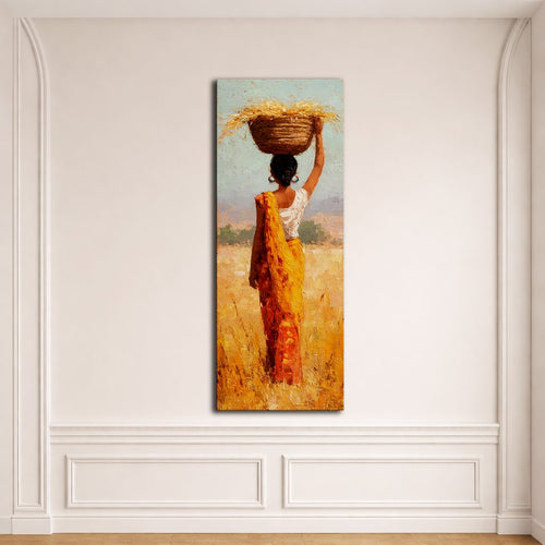 African Woman with Basket in Golden Field canvas wall art, unframed canvas