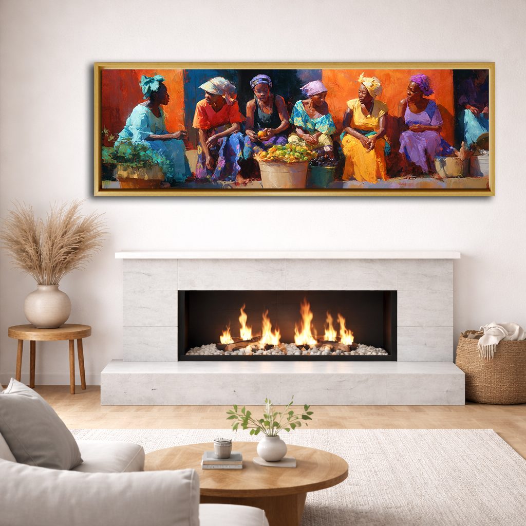 African Women at the Market canvas wall art, natural wood floating frame