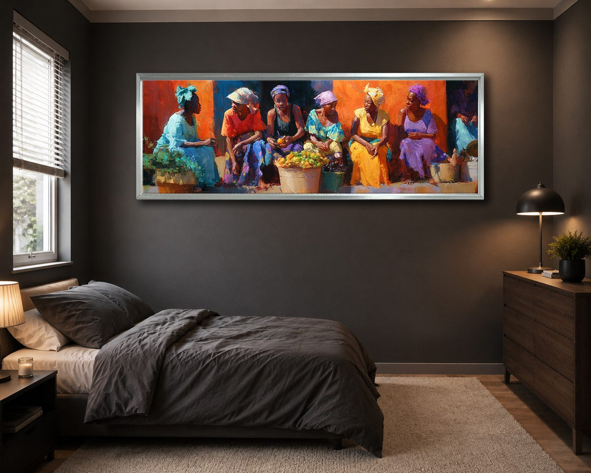 African Women at the Market canvas wall art, silver floating frame