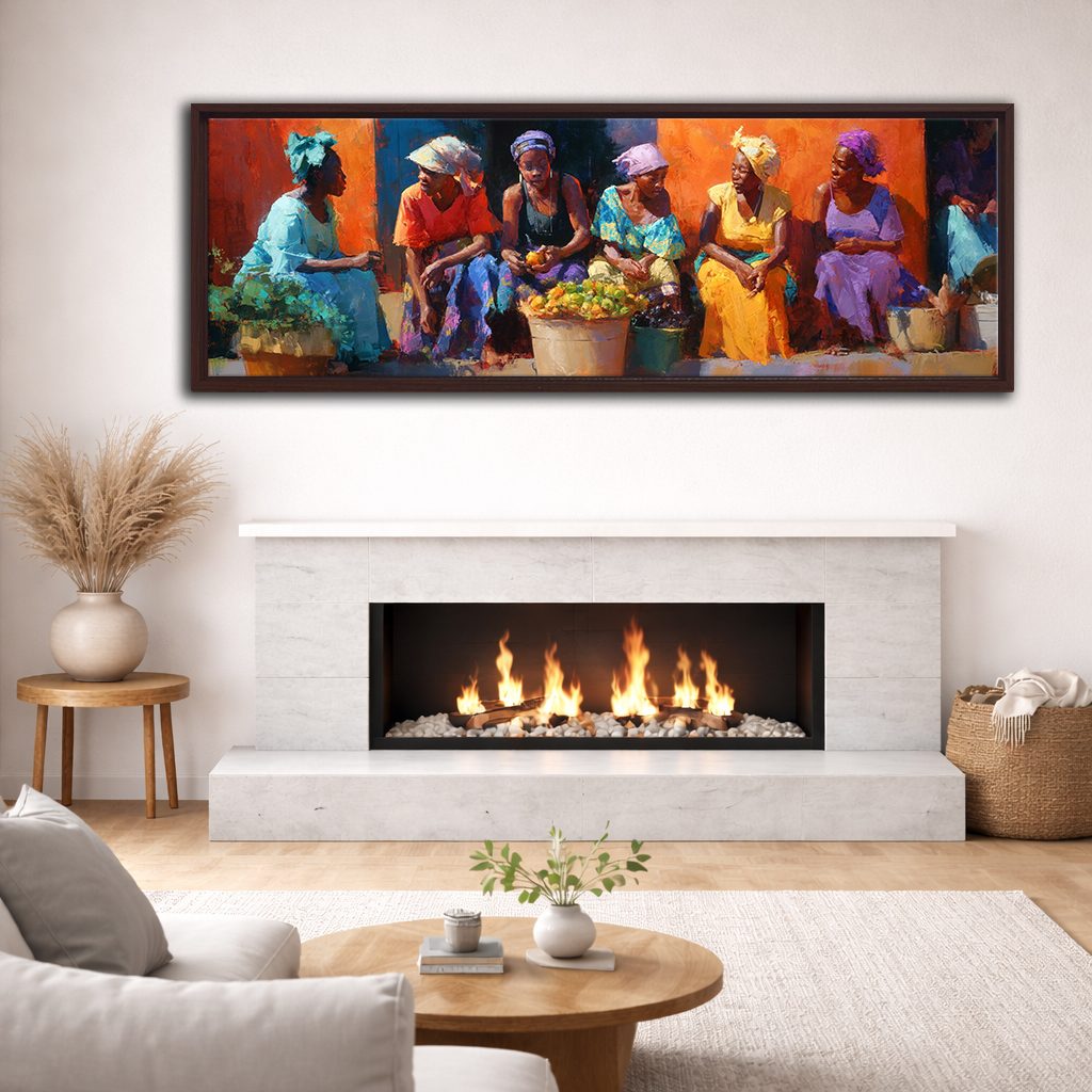 African Women at the Market canvas wall art, walnut floating frame