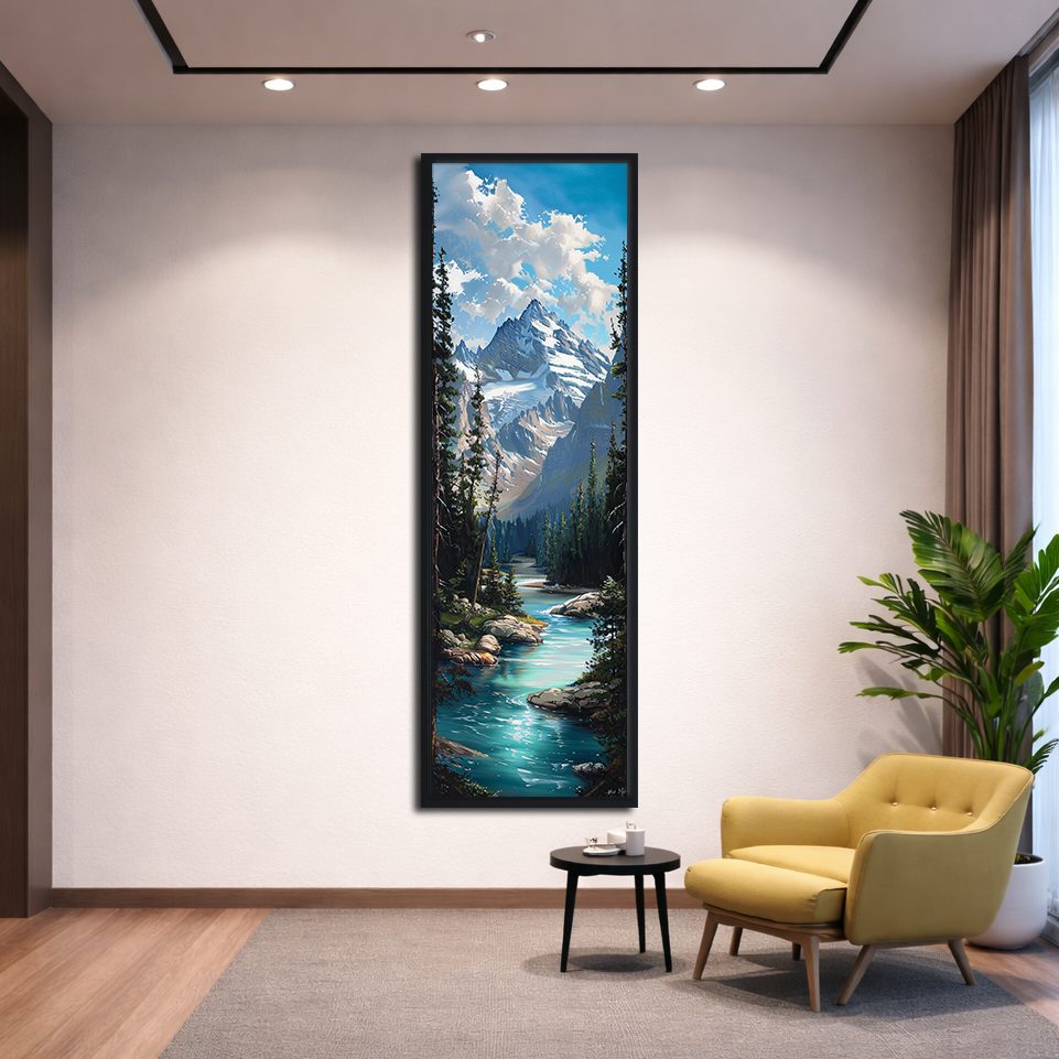 Alpine Mountain Turquoise River canvas wall art, black floating frame