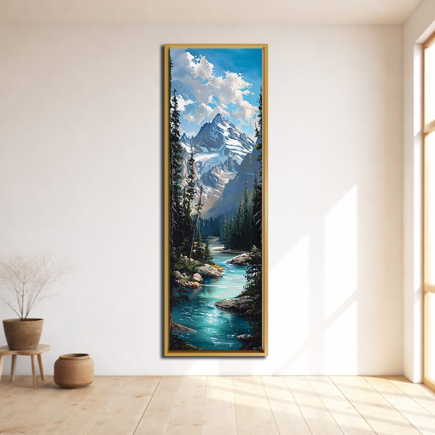Alpine Mountain Turquoise River canvas wall art, natural wood floating frame