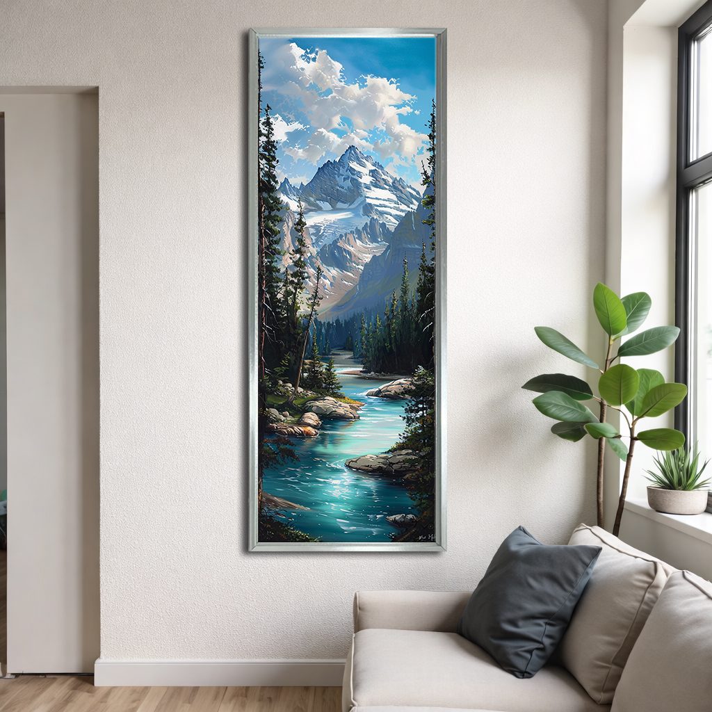Alpine Mountain Turquoise River canvas wall art, silver floating frame