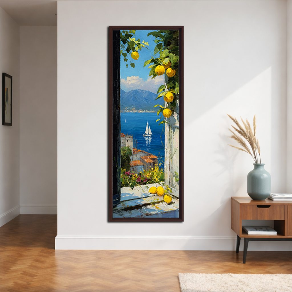 Amalfi Coast Lemon Terrace Sea View canvas wall art, walnut floating frame