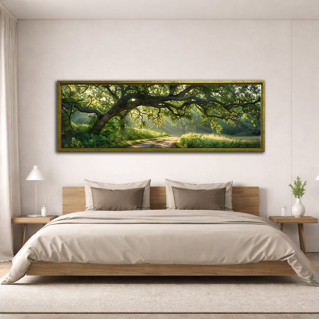 Ancient Oak Tree Country Path canvas wall art, antique gold floating frame